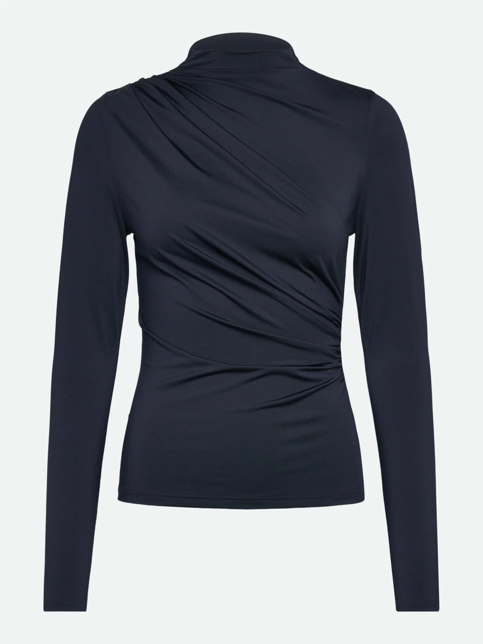 The Bridget Long Sleeve Turtleneck T-shirt by Rosemunde features a slim-fit silhouette with a high neckline and ruched front detailing, making this black long-sleeve top a versatile option for women’s workwear.
