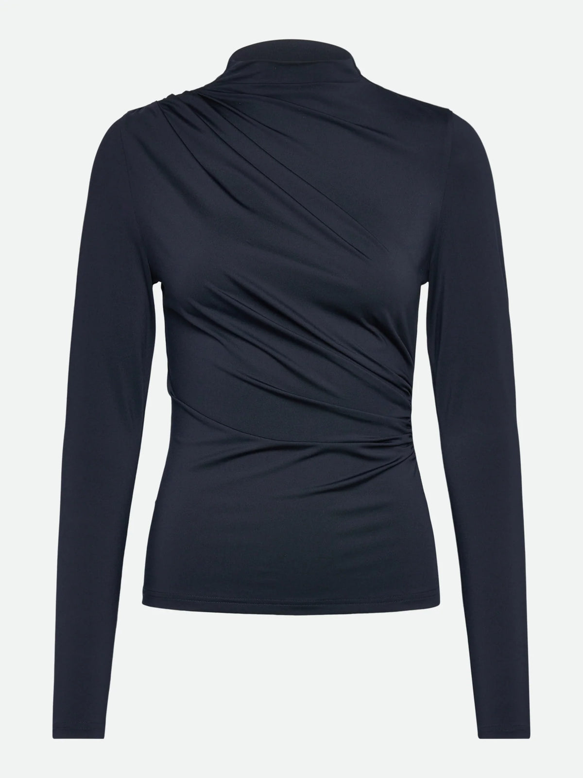 The Bridget Long Sleeve Turtleneck T-shirt by Rosemunde features a slim-fit silhouette with a high neckline and ruched front detailing, making this black long-sleeve top a versatile option for women’s workwear.