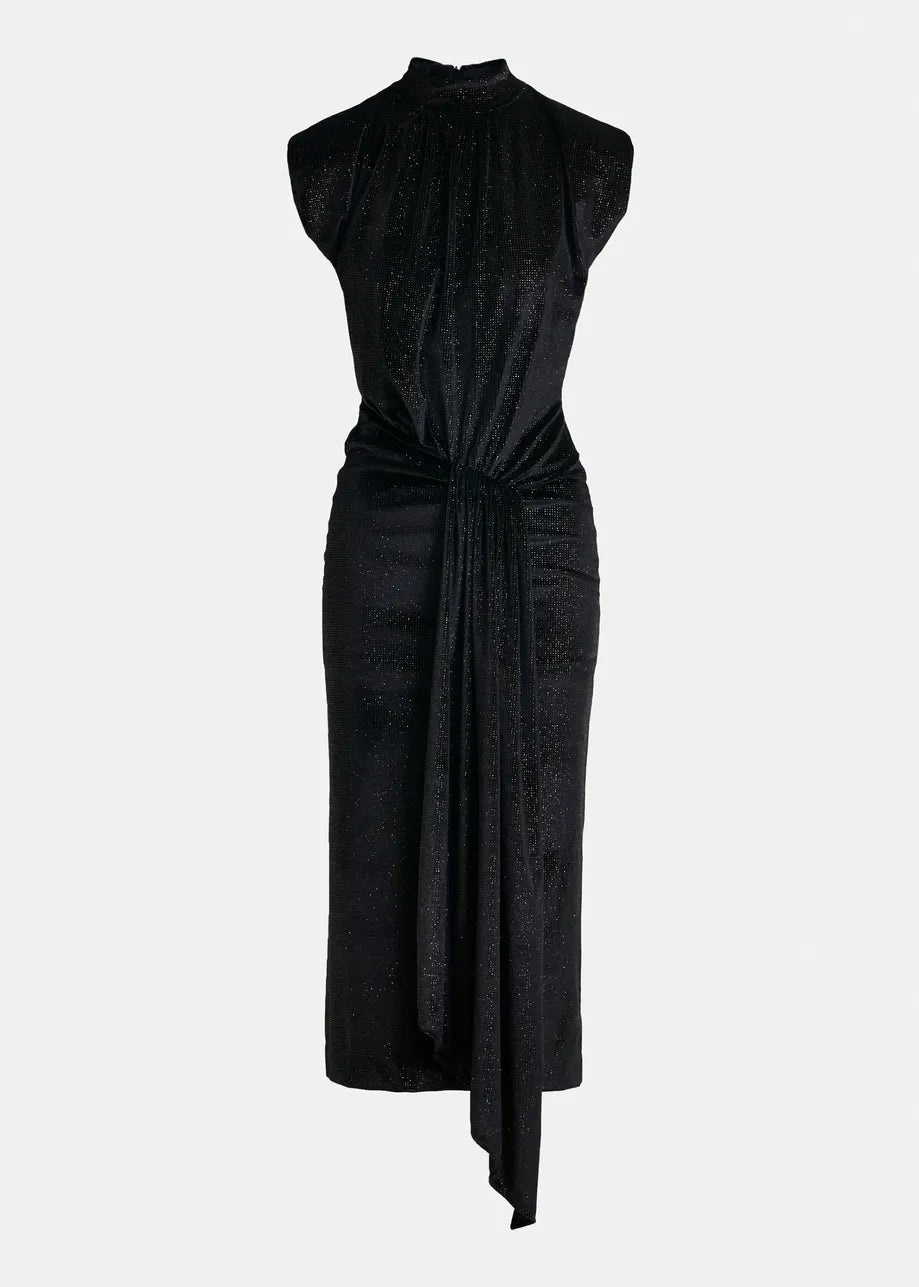 The Inche Midi Dress by Essentiel Antwerp is a sleeveless black stretch-jersey dress featuring a high neckline, gathered waist, and draped asymmetrical front—ideal for a chic festive look.