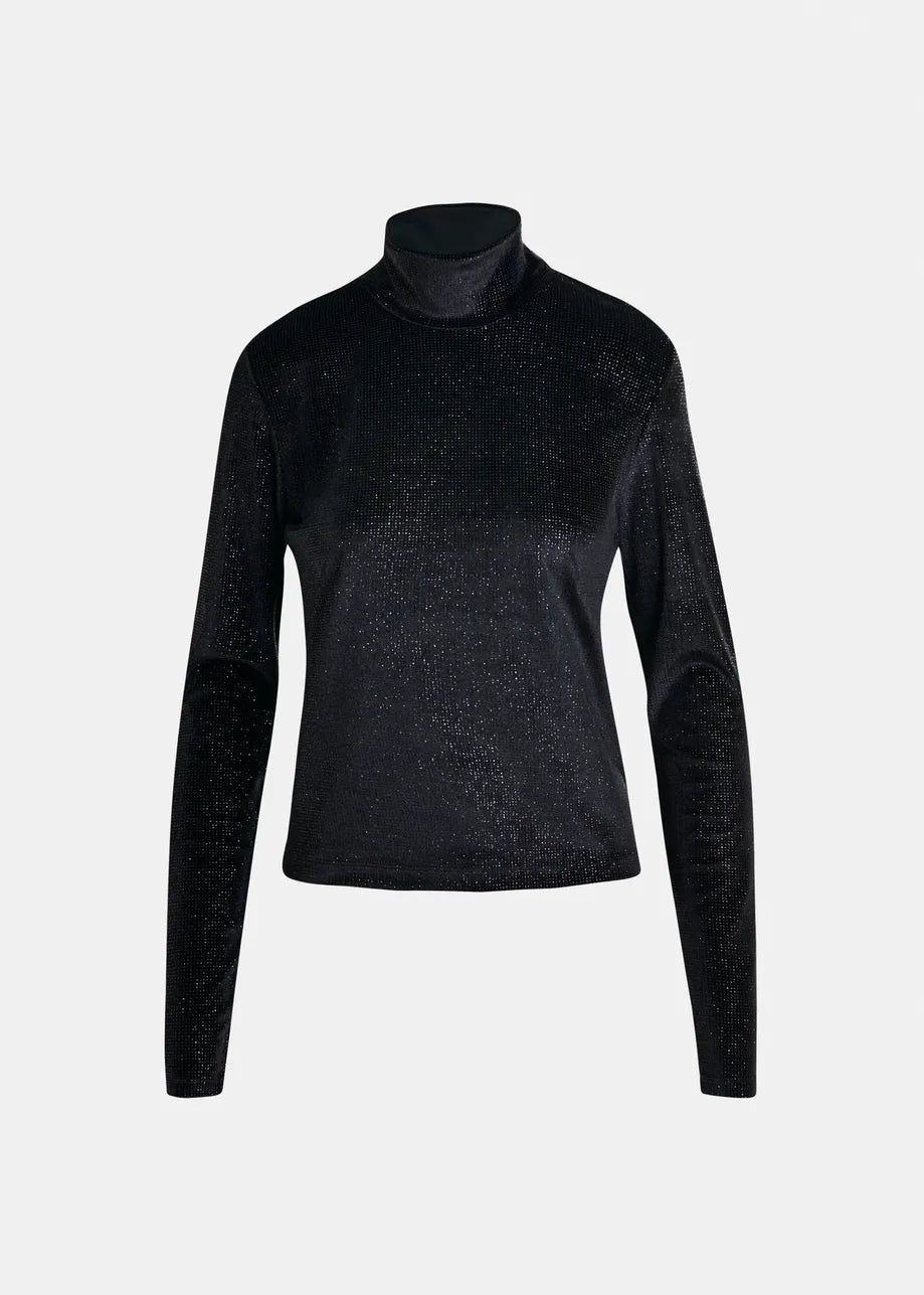 The Indienne Glitter Top by Essentiel Antwerp is a black, long-sleeve turtleneck featuring a subtle shimmer in stretch-jersey fabric, shown on a plain white background.