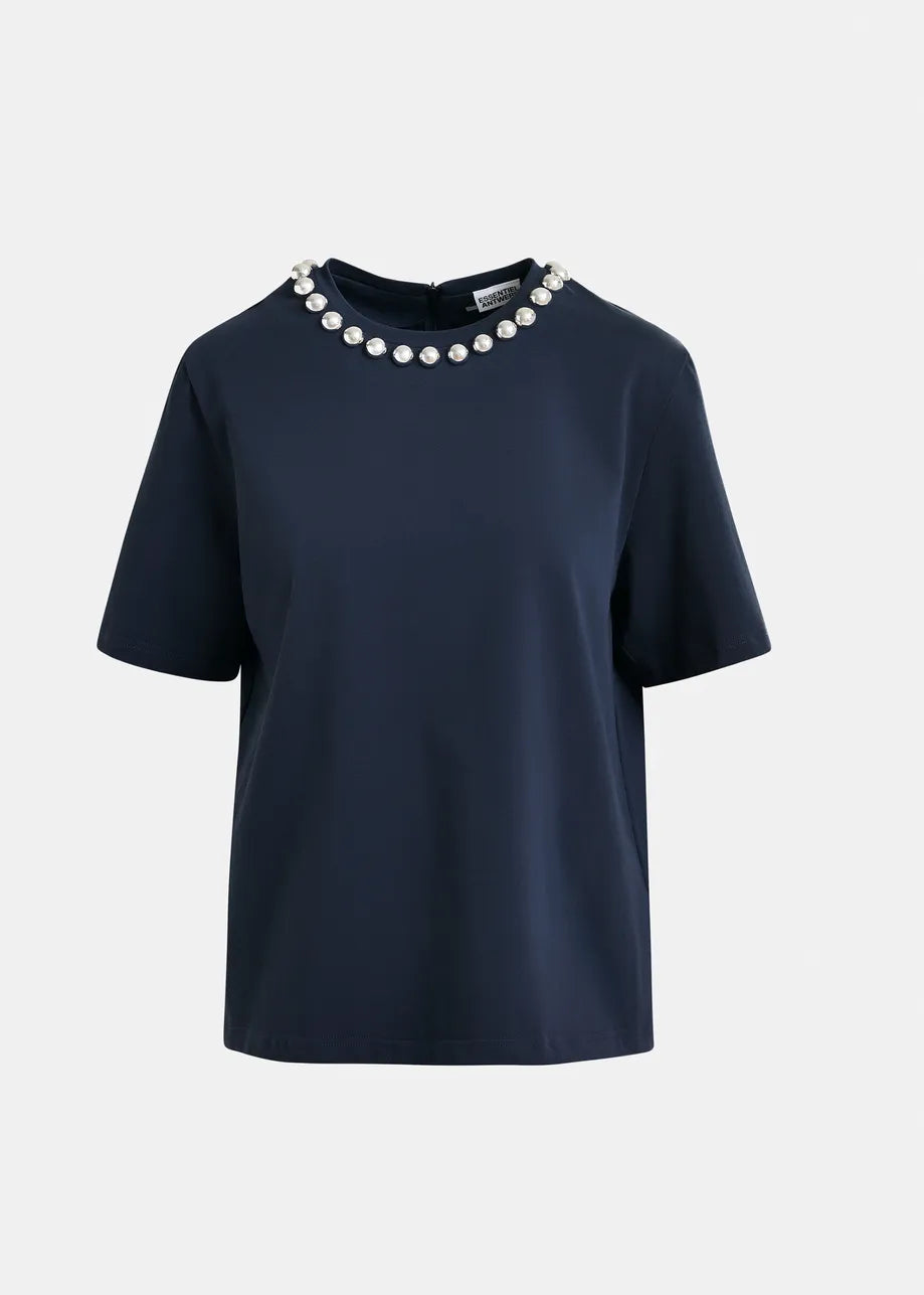 The Intenso Pearl-Embellished Tshirt by Essentiel Antwerp is a navy blue cotton tee with a relaxed fit, featuring short sleeves and a round neckline decorated with large metallic pearls.