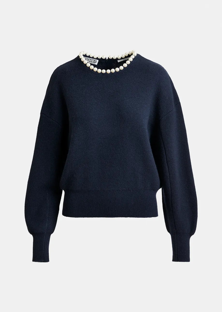 The Inti Pearl-Embellished Sweater by Essentiel Antwerp features a relaxed fit in navy, ribbed cuffs and hem, and delicate pearl accents around the crew neck for an elegant touch.