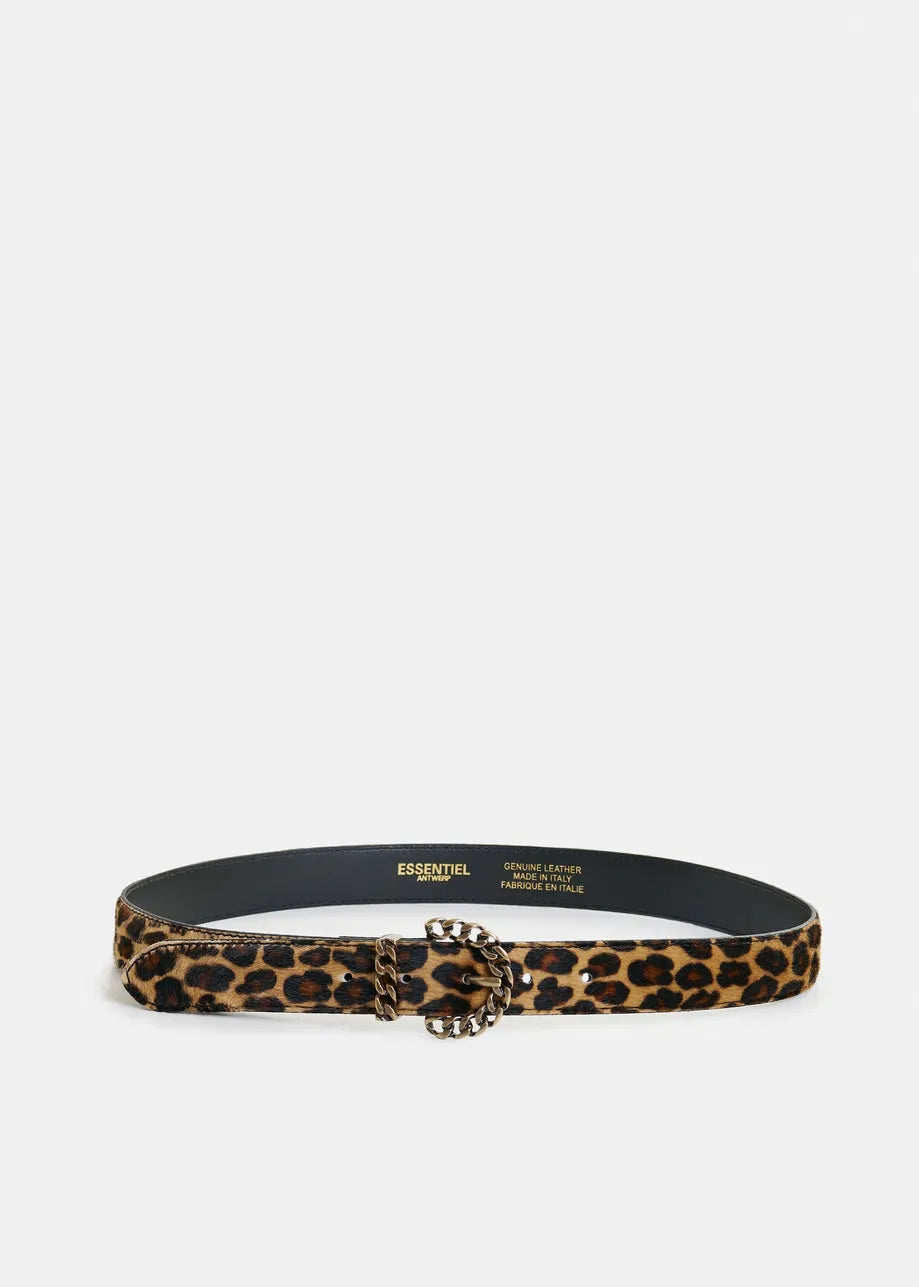 The Ipony Belt - Leopard by Essentiel Antwerp is crafted from cow leather with a sculptural metal buckle, showcased against a plain white background.