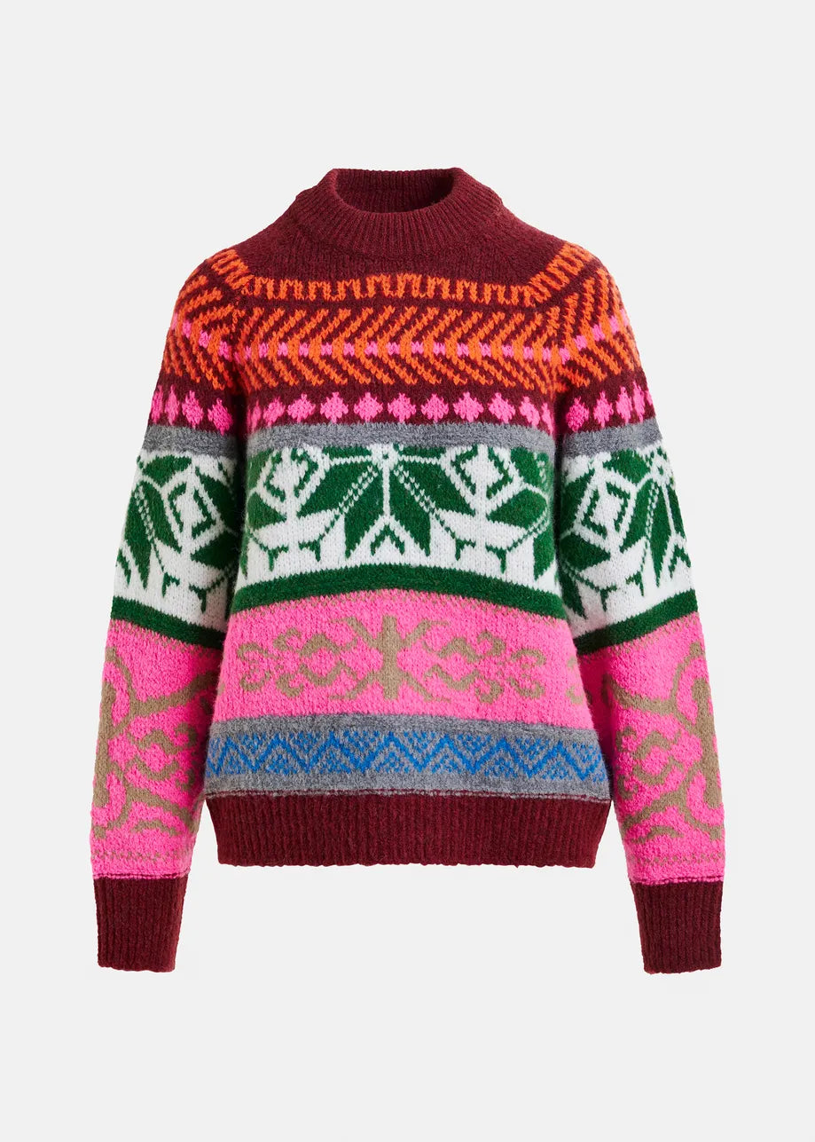 The Irelando Jacquared Knit by Essentiel Antwerp is a vibrant burgundy sweater with geometric and snowflake patterns in pink, green, maroon, orange, blue, and beige—perfect for cozy multicolor style.
