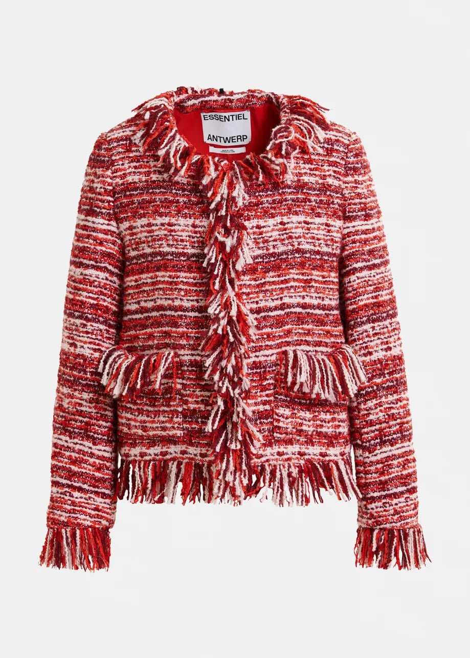 The Iskra Bouclé Jacket by Essentiel Antwerp is a burgundy red wool-blend piece with a boxy fit and fringe detailing on the collar, front, pockets, and cuffs.