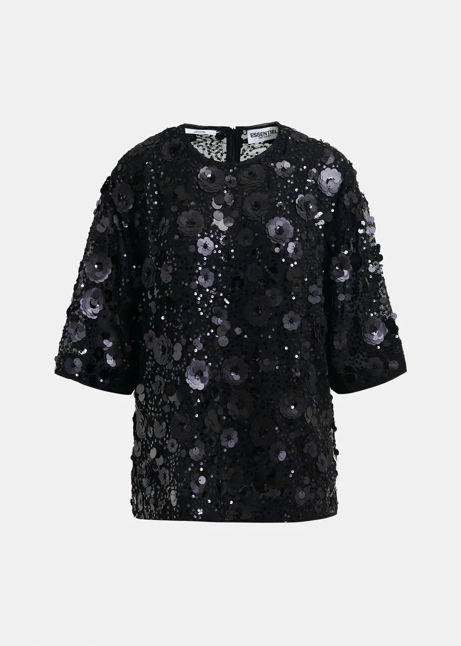 The Essentiel Antwerp Isparkle Sequin-Embellished Top in black features a boxy silhouette, round neckline, and large black sequins, displayed against a plain white background.