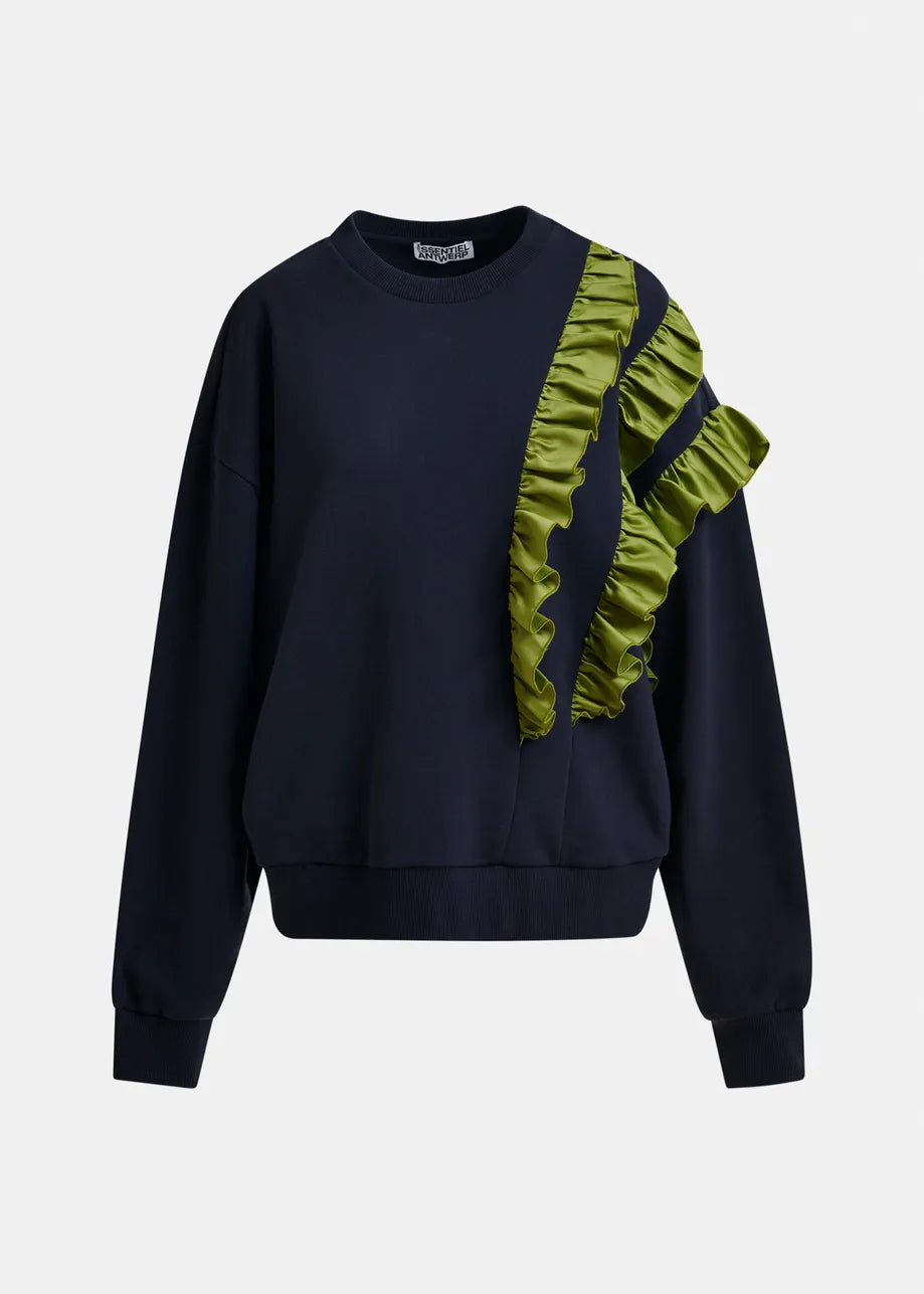 The Essentiel Antwerp Iwave Ruffle Sweatshirt in navy features diagonal green ruffled satin detailing across the front and shoulder, shown on a plain background.