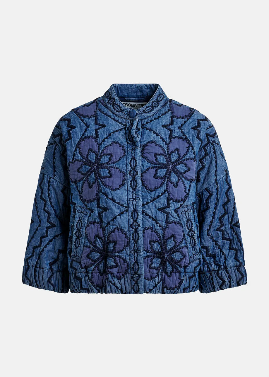 Essentiel Antwerp's Quilted Denim Jacket - Blue features a high collar, dark blue floral embroidery, zigzag patterns, front buttons, and slightly puffed sleeves.
