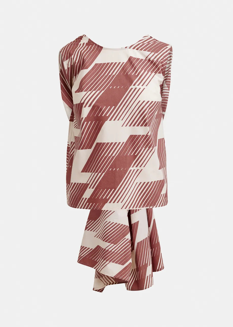 The Jelani Sleeveless Bow Top by Essentiel Antwerp features a relaxed fit in Etruscan red with an abstract maroon and white geometric pattern, bow detail, and an asymmetrical hem.