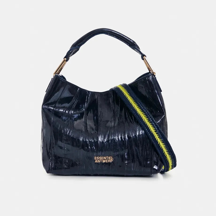 Essentiel Antwerp navyy patent leather handbag with yellow zipper on a white background