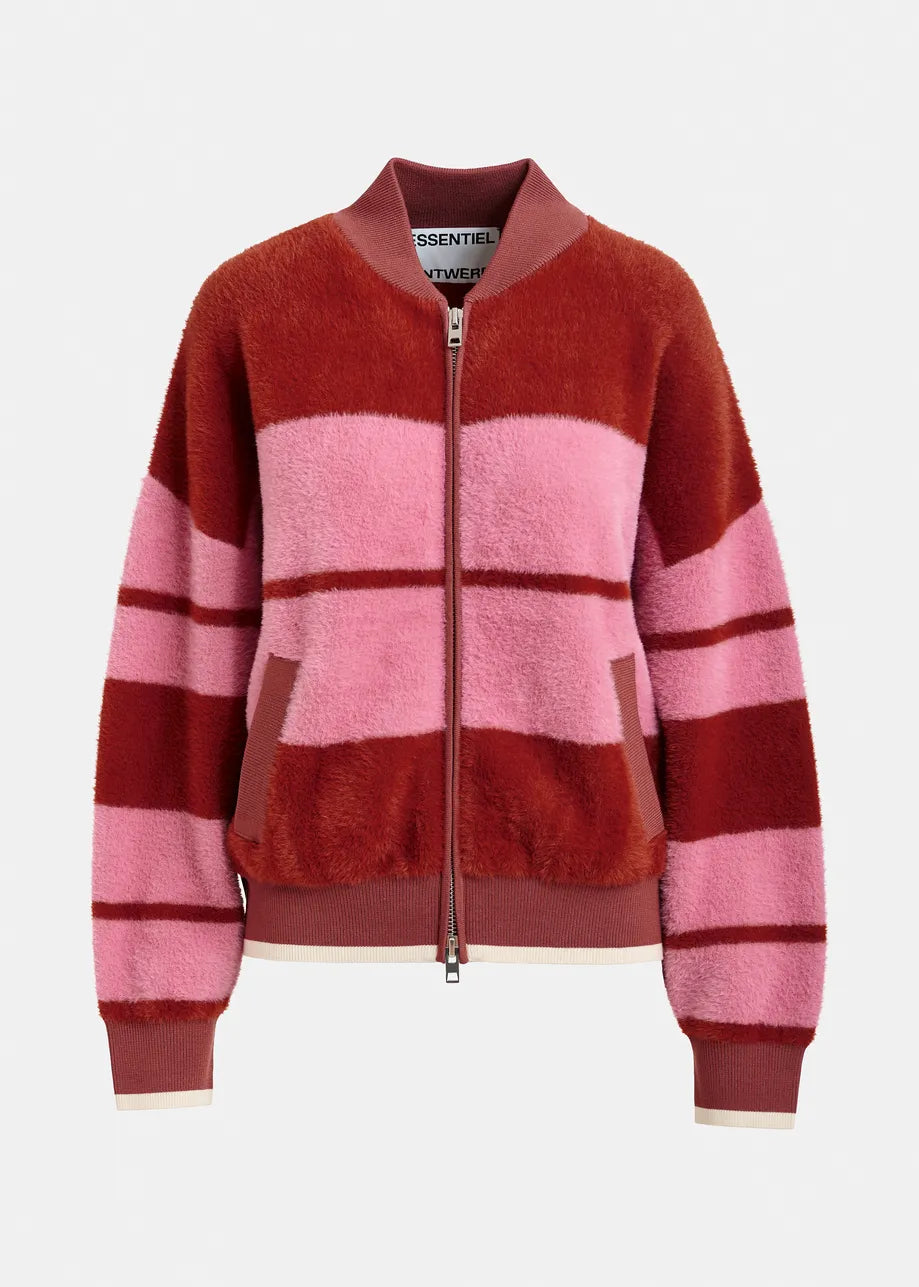 The Essentiel Antwerp Jicama Knitted Bomber - Red & Pink features horizontal stripes, a relaxed fit, front zipper closure, and ribbed cuffs and hem.