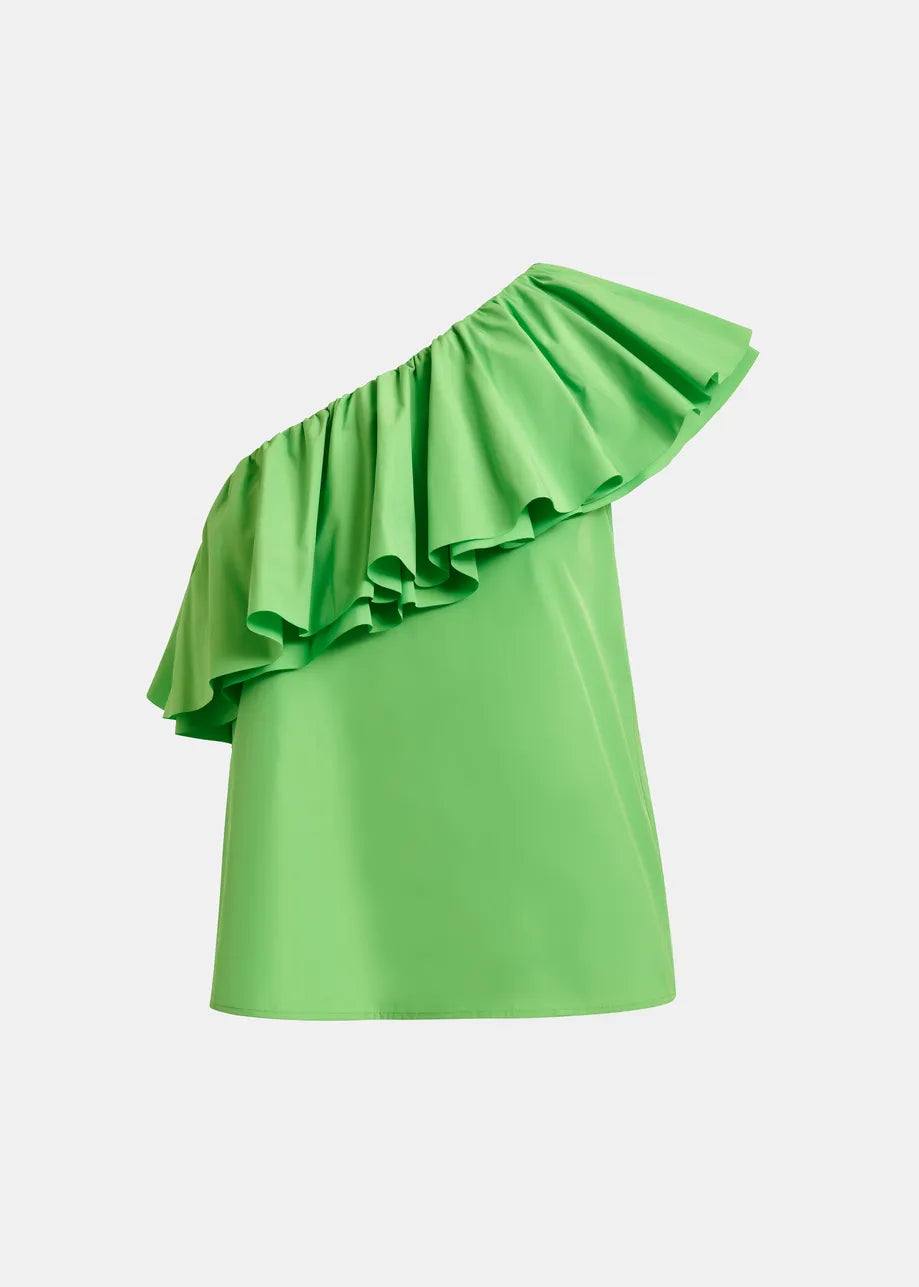 The Essentiel Antwerp Jillian Asymmetric Ruffle Top in green features a one-shoulder design with a dramatic asymmetric neckline and large cascading ruffles, crafted from recycled polyester. Displayed against a plain background.