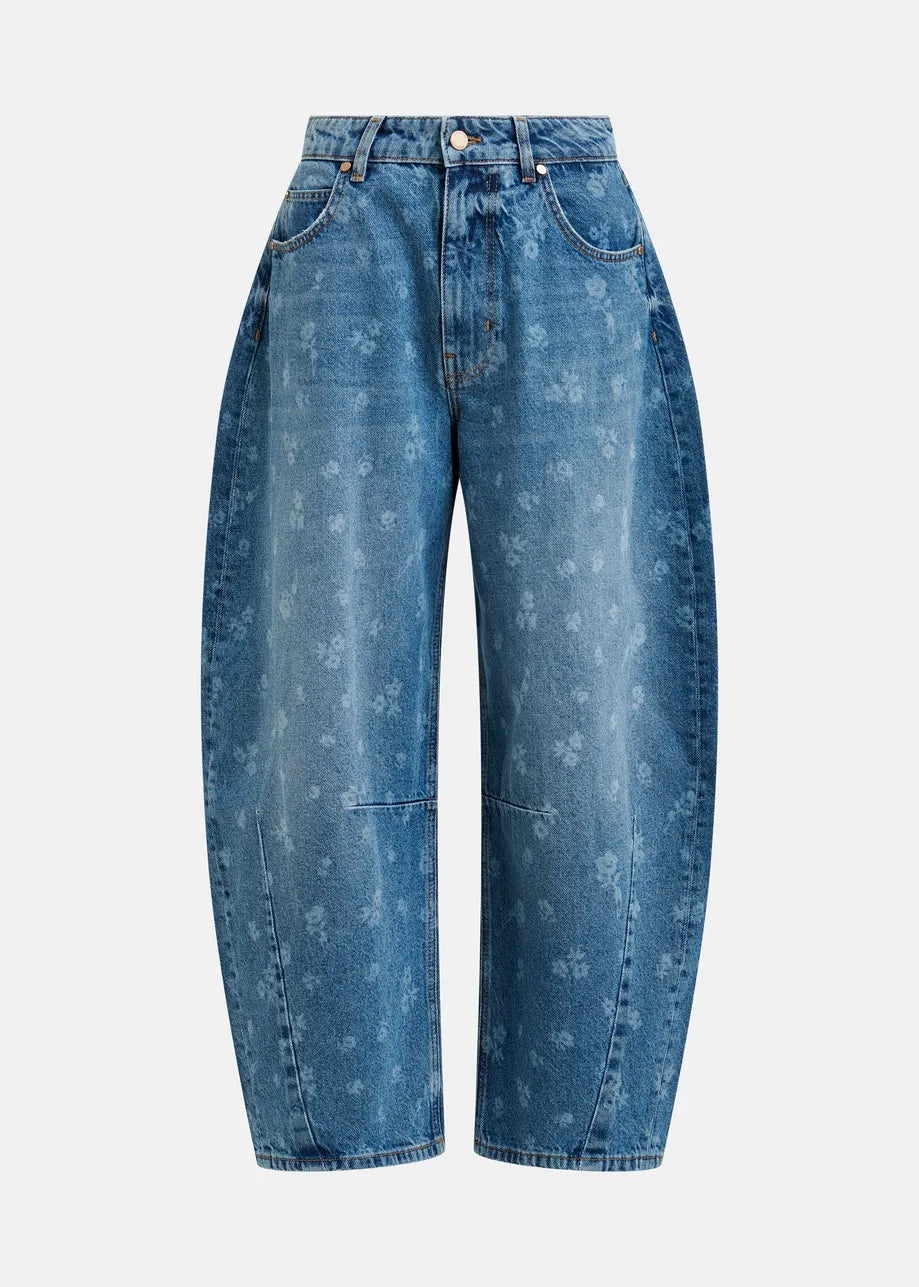 Essentiel Antwerp's Jo1 Barrel Cropped Jeans in blue floral feature a high waist, cropped barrel-leg silhouette, and subtle floral print, shown on a white background.