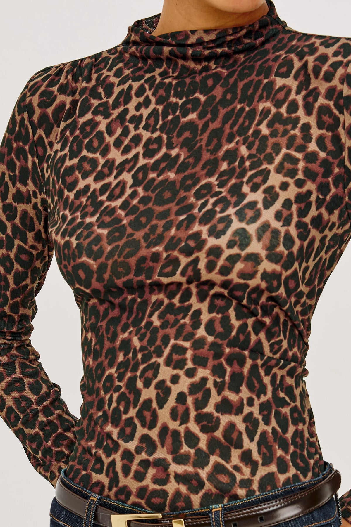 Rails Joelle Top - Brown Nala long-sleeved, funnel-neck mesh top featuring a brown and black leopard print.