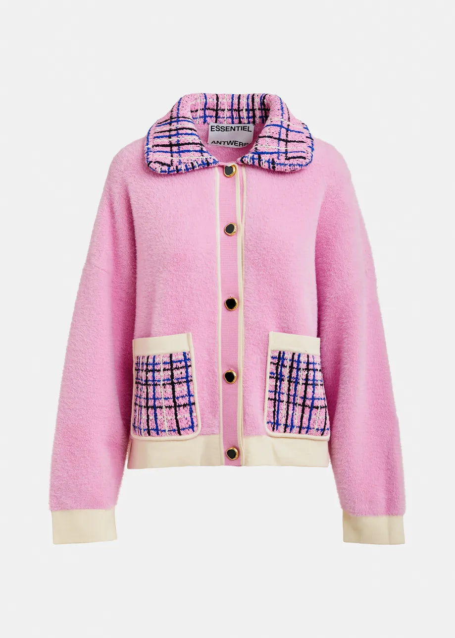 The Essentiel Antwerp Joilu Contrast Knit Cardigan in pink features cream trim, plaid-patterned pockets, and a matching tweed collar, shown against a plain white background.