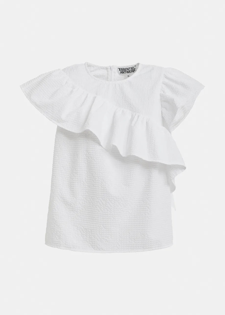 The Essentiel Antwerp Joojoo Asymmetric Ruffle Top in white features short sleeves and a crinkled floral design with a striking, asymmetrical ruffle for a chic, modern style.