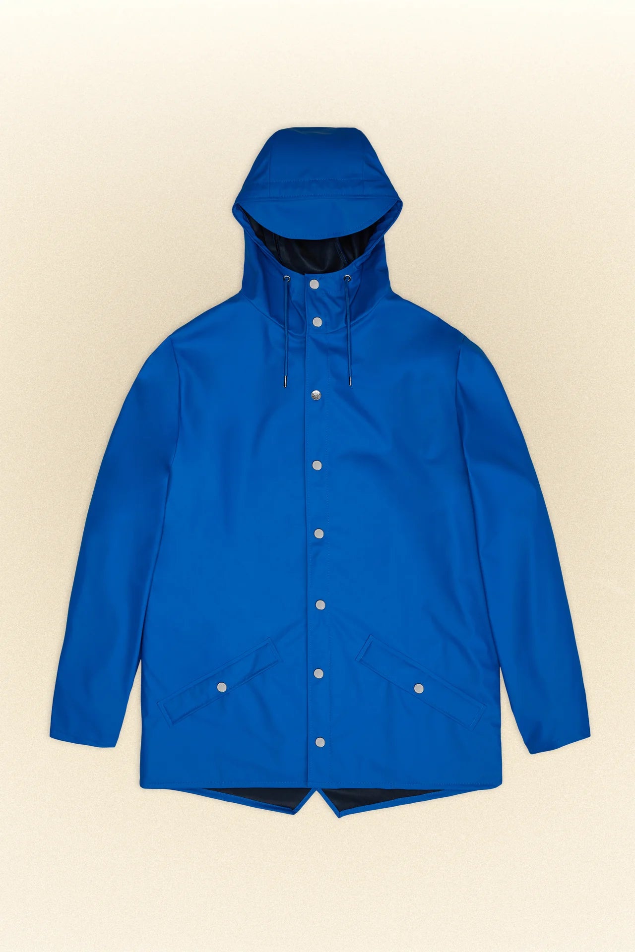 A lightweight blue Rains jacket on a white background.