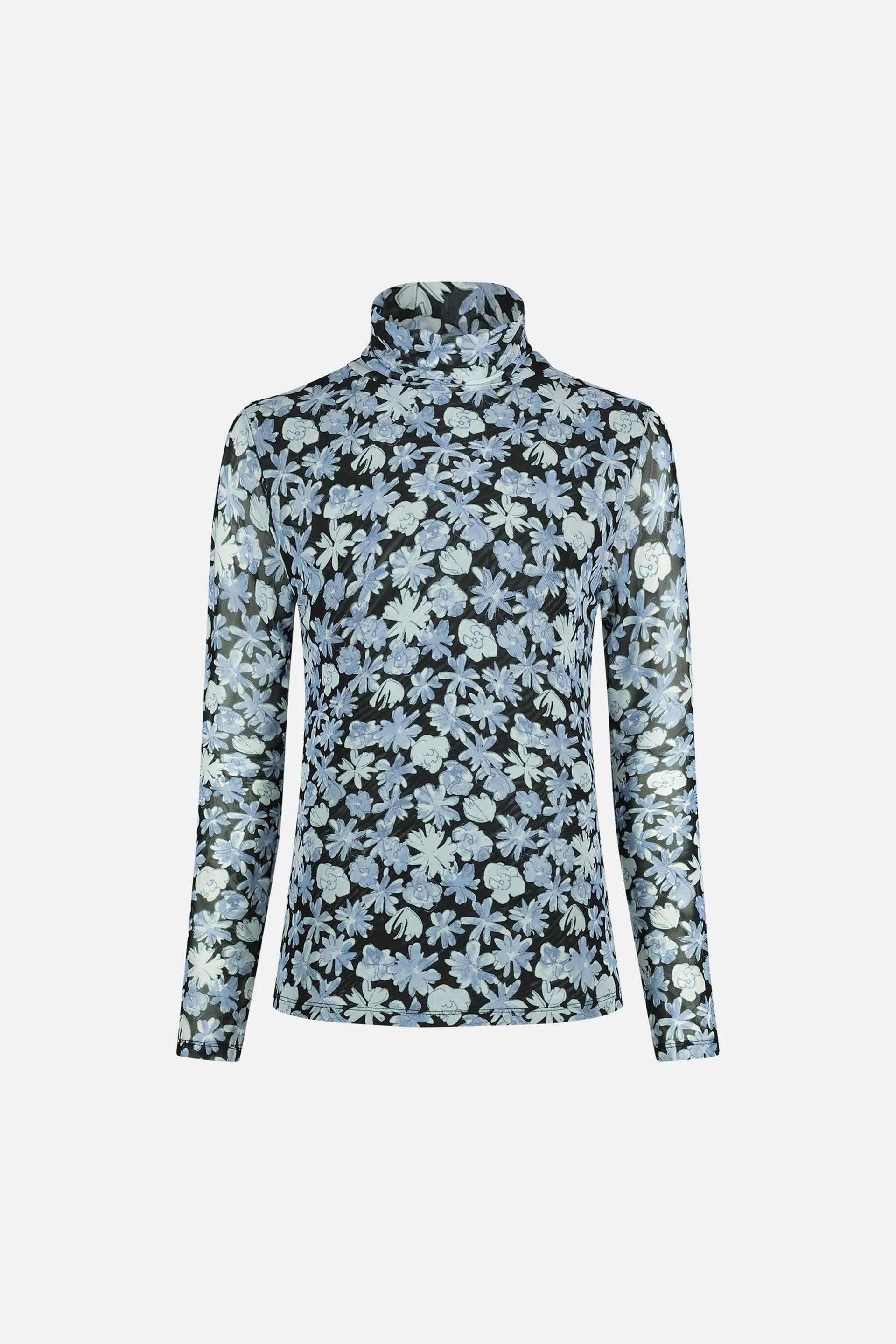 The Jane Top - Blue Freja by Fabienne Chapot showcases a striking blue flower print on a sleek black background in a slim-fit long-sleeve turtleneck design.