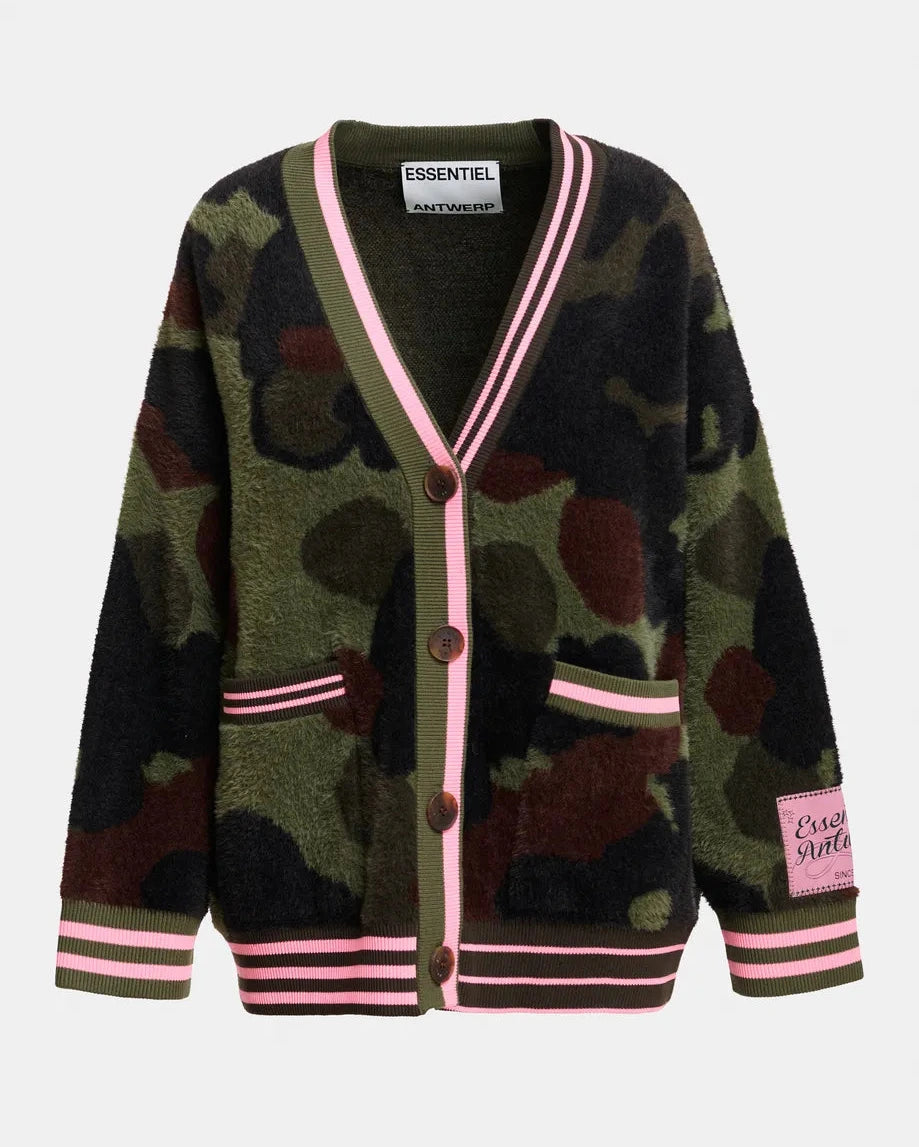 essentiel antwerp camouflage pattern fuzzy textured knit with contrasting pink trims.