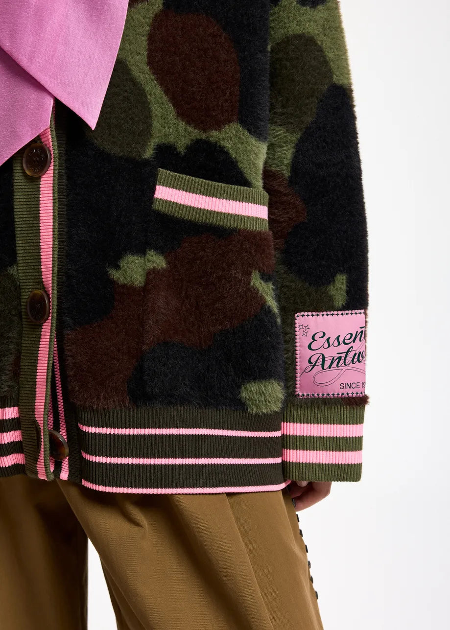 essentiel antwerp camouflage pattern fuzzy textured knit with contrasting pink trims.