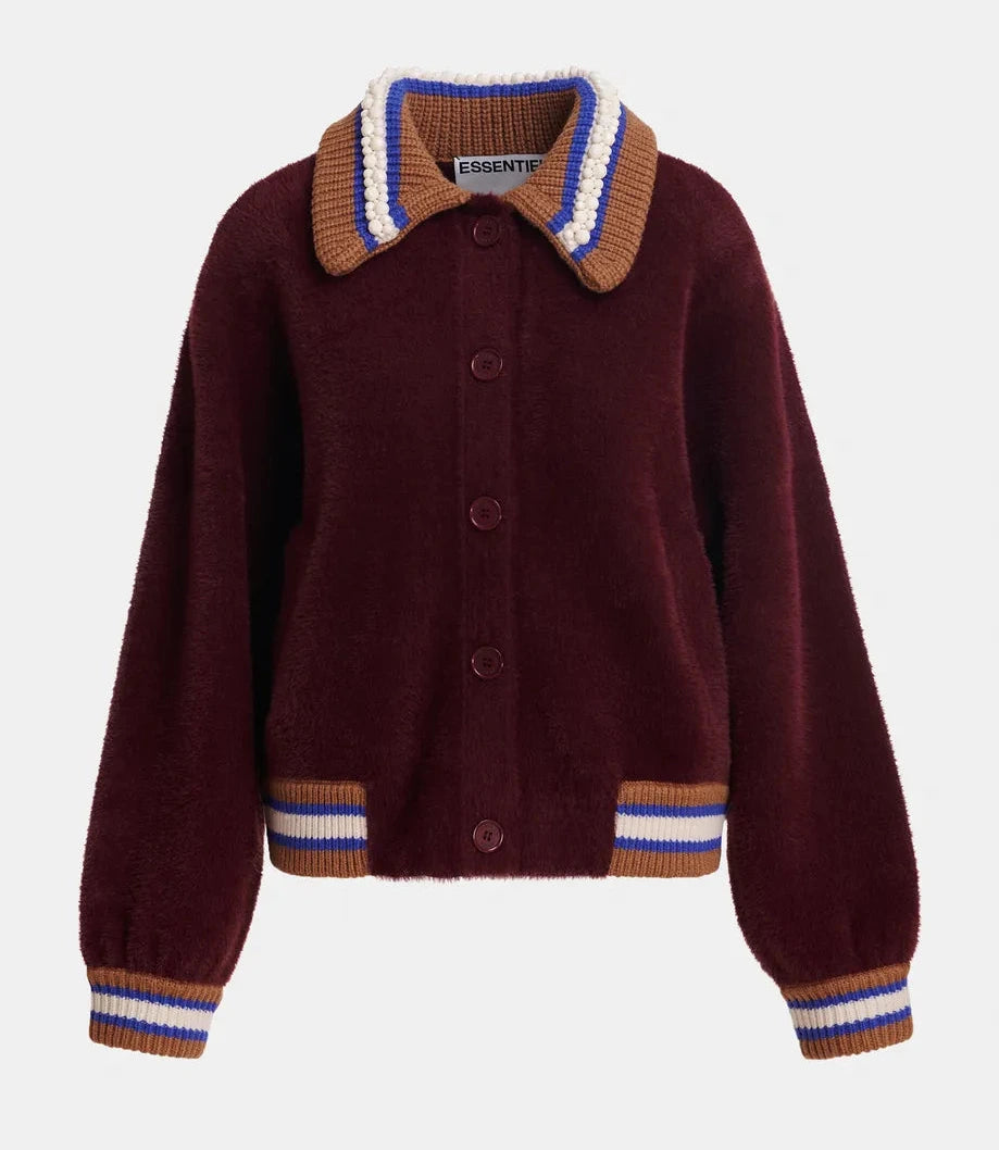 A burgundy button-up cardigan sweater with a brown, white, and blue striped knit collar, cuffs, and hem, shown against a light gray background.