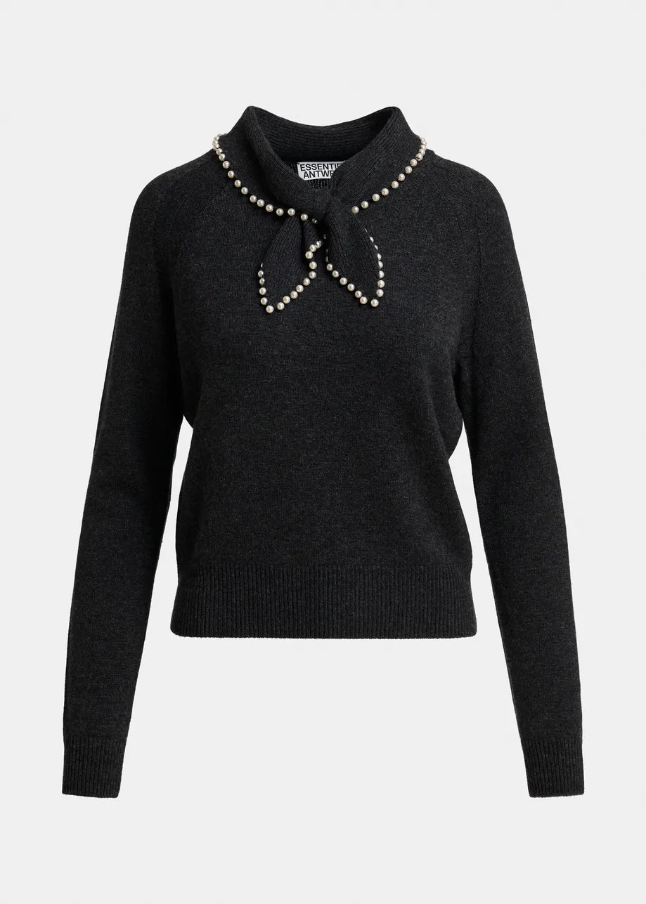 The “Kasa Pullover with Beads - Black” by Essentiel Antwerp is a black long-sleeve wool-cashmere sweater with ribbed cuffs and hem, featuring a statement collar and neck tie adorned with delicate faux pearl embellishments.