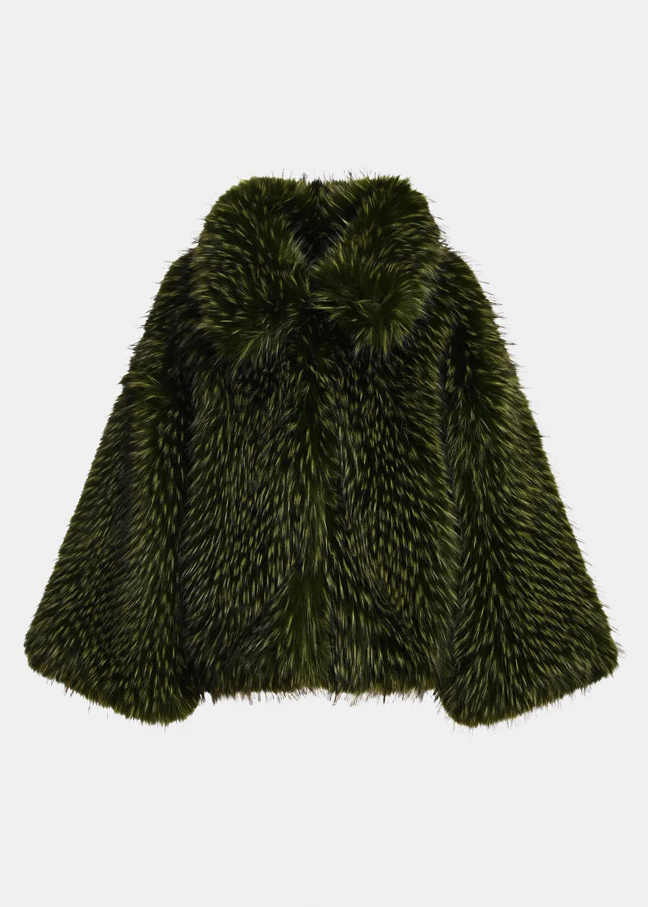 Essentiel Antwerp’s Kastanje Oversized Faux Fur Jacket in green showcases wide sleeves, a chunky collar, and an oversized silhouette, presented on a plain white background.