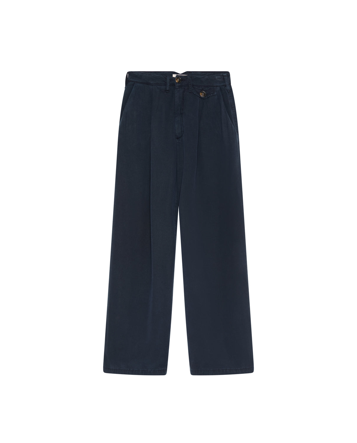 The Maison Hotel Keaton Trousers in night blue are high-rise, wide-leg trousers with front pleats and a button closure, shown on a white background.