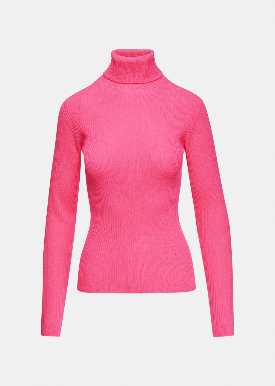 The Essentiel Antwerp Kelmuse Knitted Pullover in bright pink features a long-sleeve ribbed knit turtleneck design and is displayed on a plain white background.