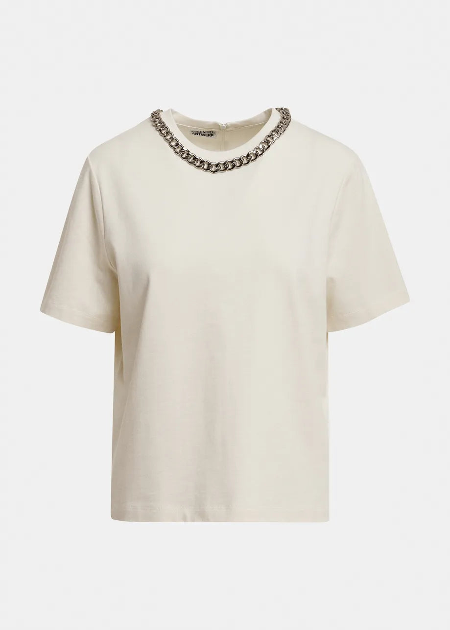 An off-white short-sleeve crewneck t-shirt featuring a chunky silver chain link collar, displayed against a clean white background.