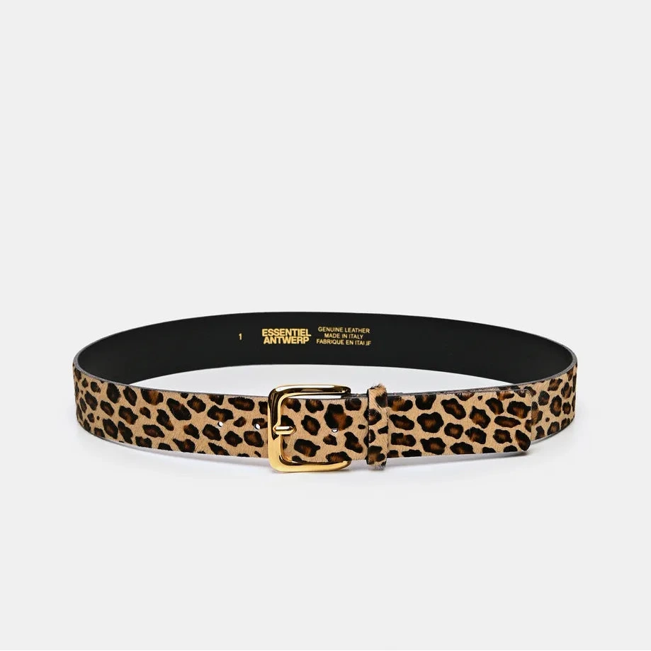 Kofee Leopard Print Textured Leather Belt by Essentiel Antwerp, made from premium leather with gold-tone hardware, featuring a rectangular buckle and presented in a circular shape against a plain white background.