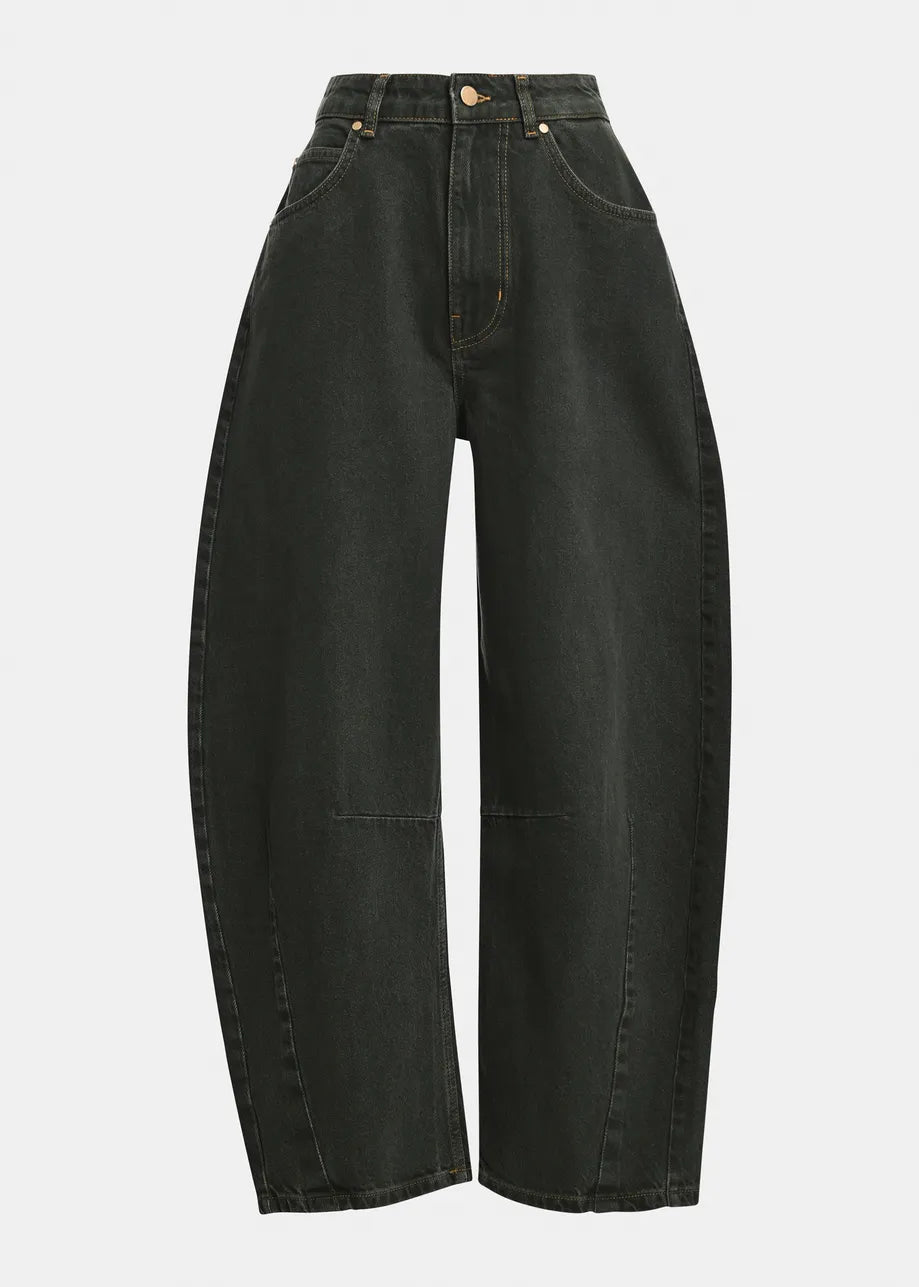 dark green barrel wide-leg cropped jeans with a high waist, displayed against a light gray background.