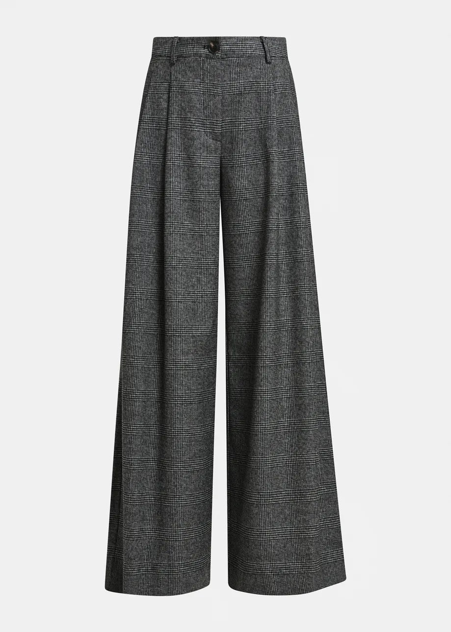 The Essentiel Antwerp Kollection Checkered Wide-Leg Pants in Black/Grey feature a high waist, front pleats, and belt loops, crafted from recycled polyester for a relaxed silhouette. Shown against a plain white background.