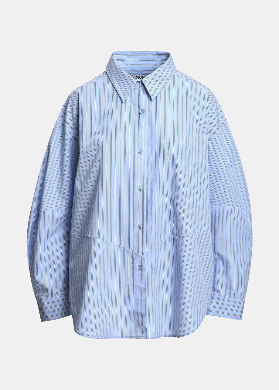 A light blue and white vertically striped button-down shirt with a relaxed, oversized fit, displayed on a clean white background.
