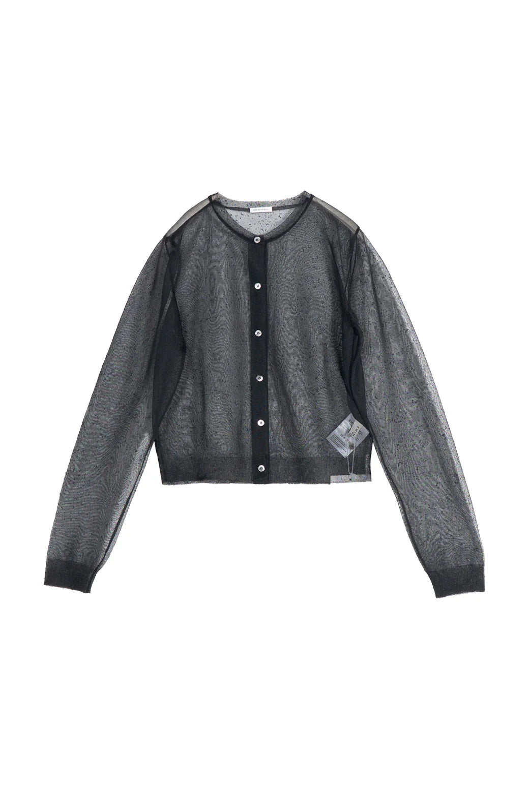 The Emin and Paul Sheer Cardigan - Black features long sleeves, a button-up front, lightweight fabric, a round neckline, and visible tags on the lower right side.