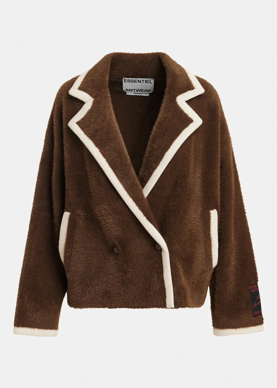 A brown sherpa fleece blazer jacket with cream-colored contrast piping and trim, featuring a notched lapel and front pockets, shown against a plain light gray background.