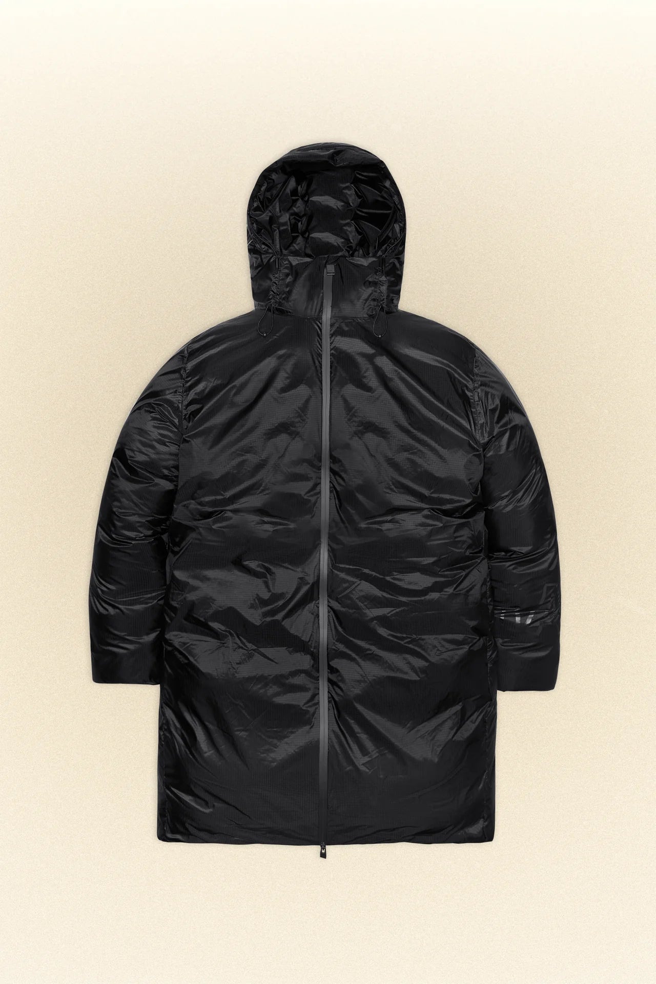 A Kevo Long Puffer - Black by Rains on a white background.