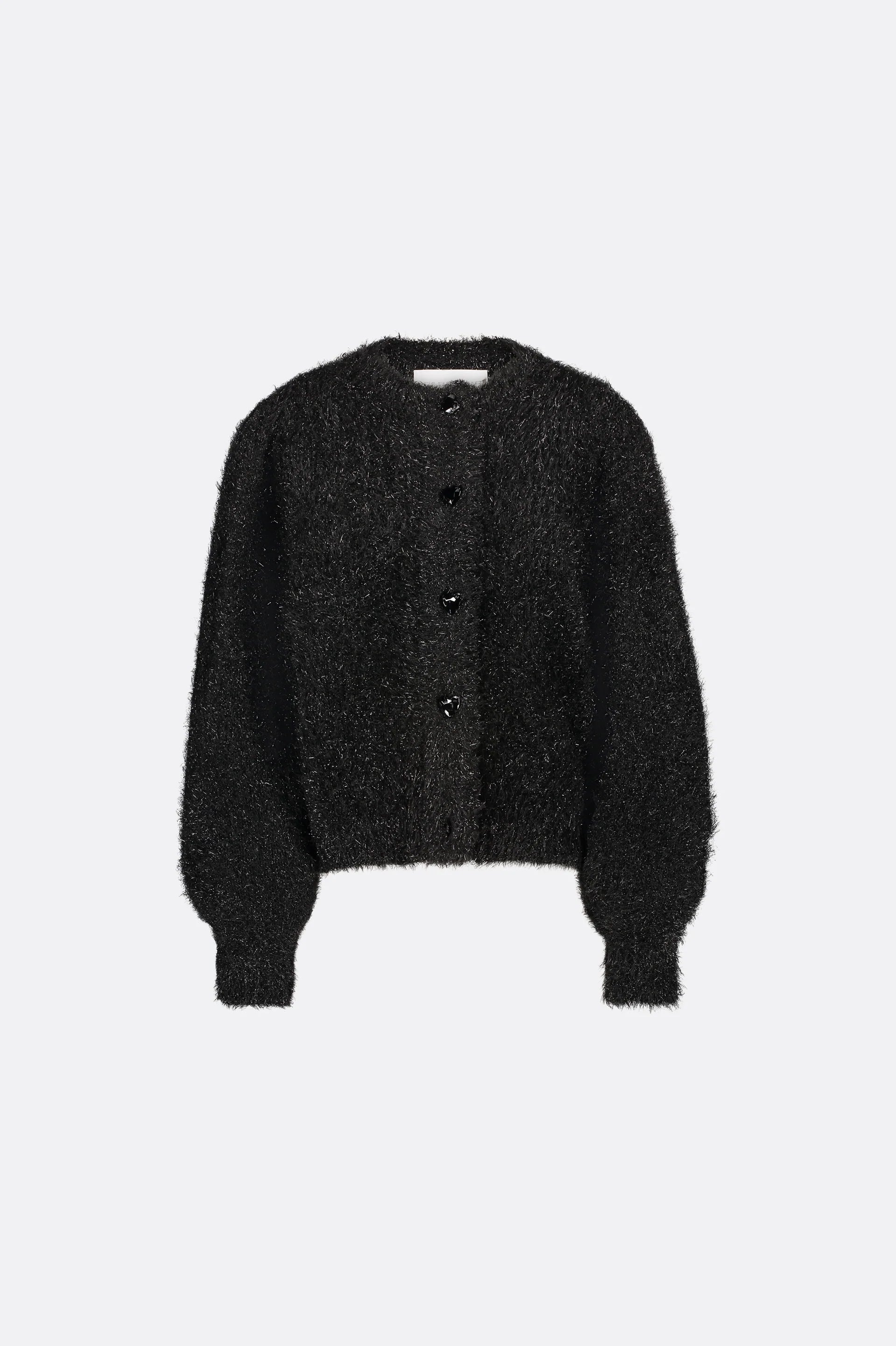 Fabienne Chapot's Kitty Cardigan in black features long sleeves, heart-shaped buttons, and a hint of kitty glitter for added sparkle this season.