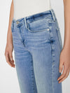person wears le garcon in galeston by Frame Denim styled whit blouse, close up of the zip and pocket detail. 