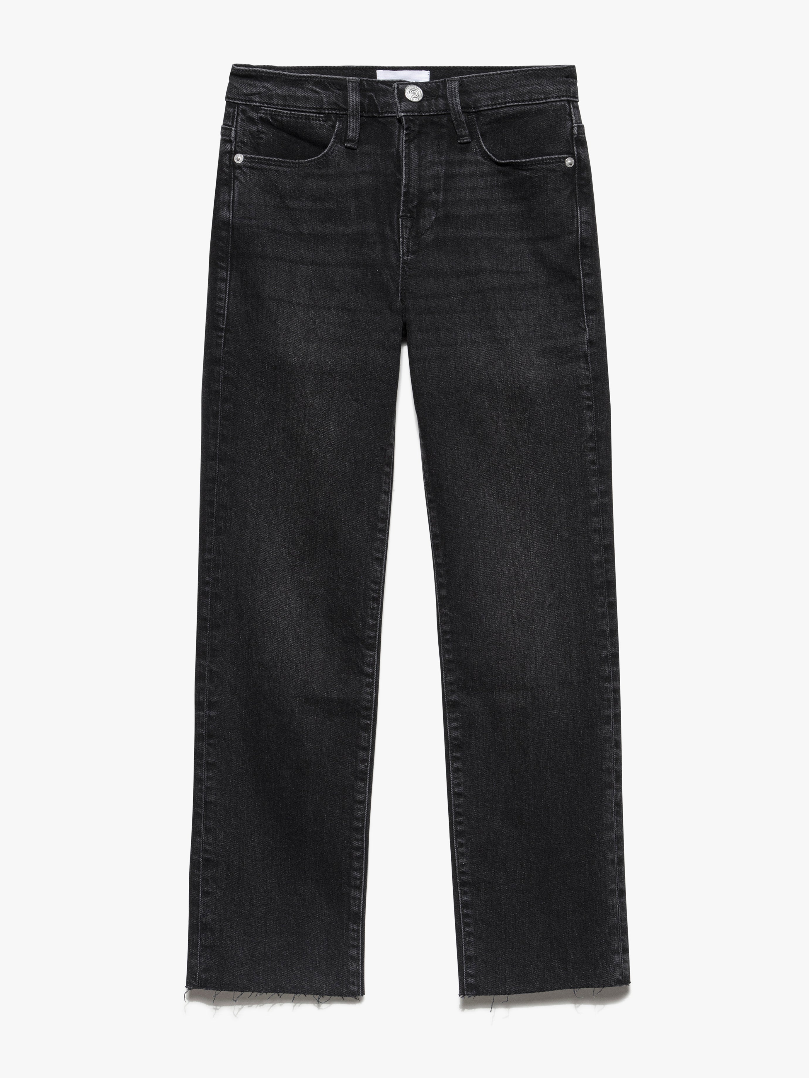 A pair of Le High Straight Released Hem - Hutchison black jeans from Frame with frayed hems and premium stretch denim.