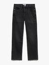 high rise washed black straight leg jeans with a raw hem against a white background