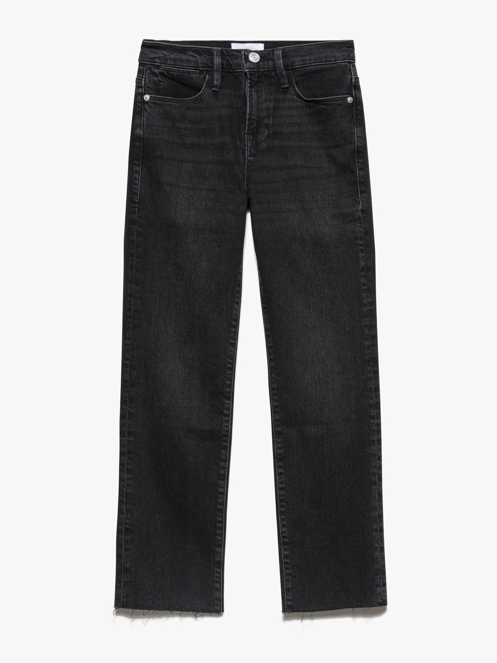 high rise washed black straight leg jeans with a raw hem against a white background