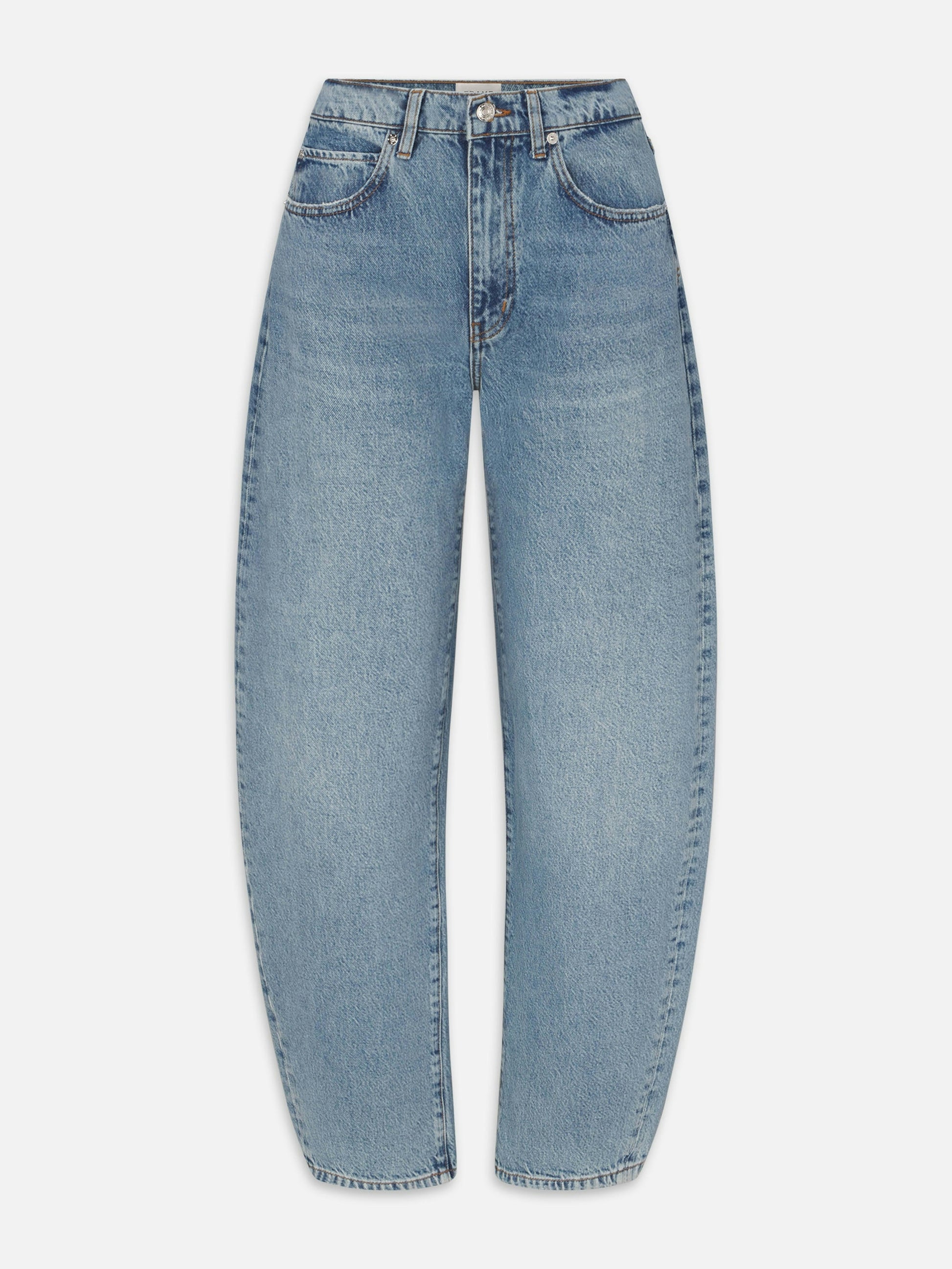 The Frame Low Slung Barrel - Dollhouse jeans feature a relaxed, tapered leg and classic five-pocket styling in light blue, offering a flattering shape. Displayed flat against a white background, they have a trending silhouette.