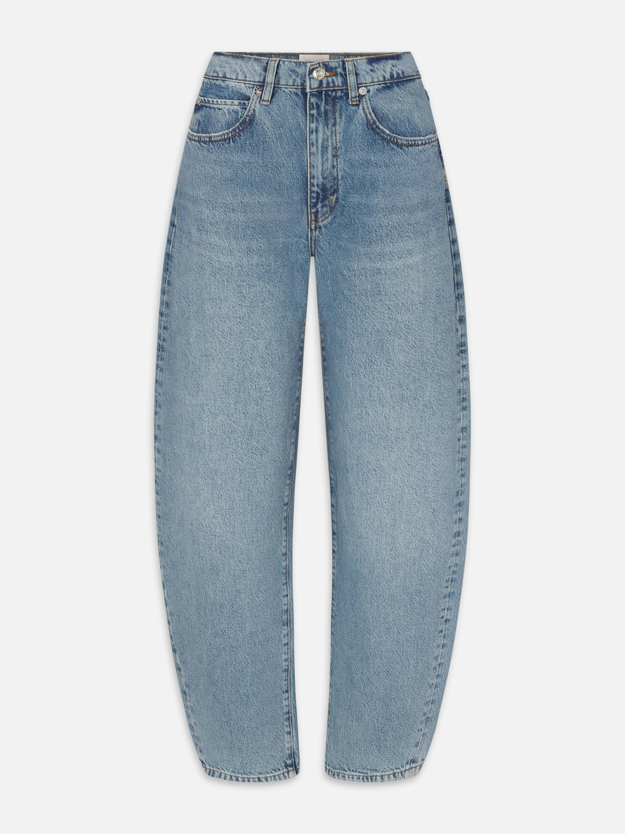 The Frame Low Slung Barrel - Dollhouse jeans feature a relaxed, tapered leg and classic five-pocket styling in light blue, offering a flattering shape. Displayed flat against a white background, they have a trending silhouette.