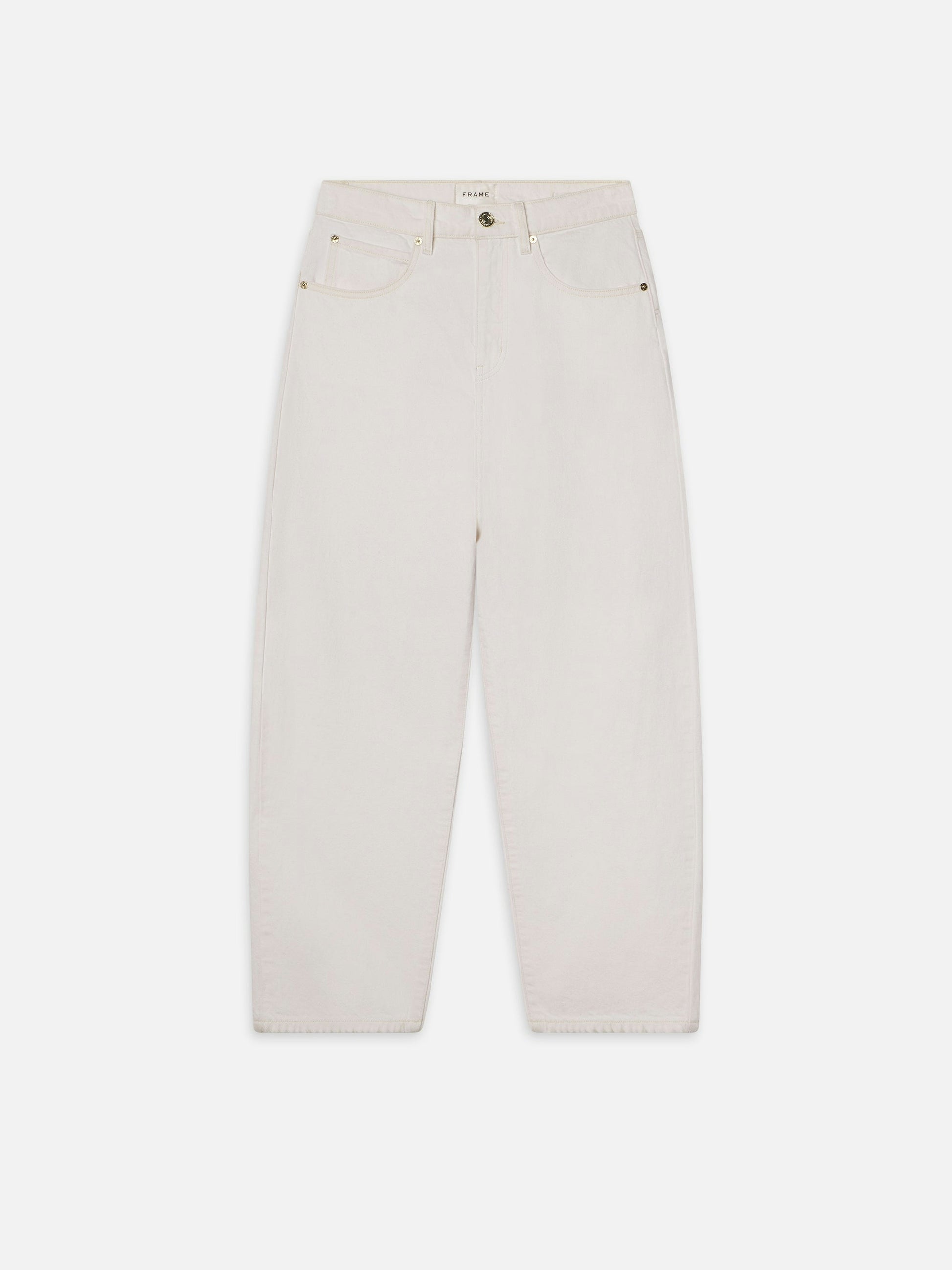 The Low Barrel Leg - Au Natural Clean by Frame are white, high-waisted jeans made from 100% cotton. They feature a button and zip closure, front pockets, and belt loops, displayed against a plain background.