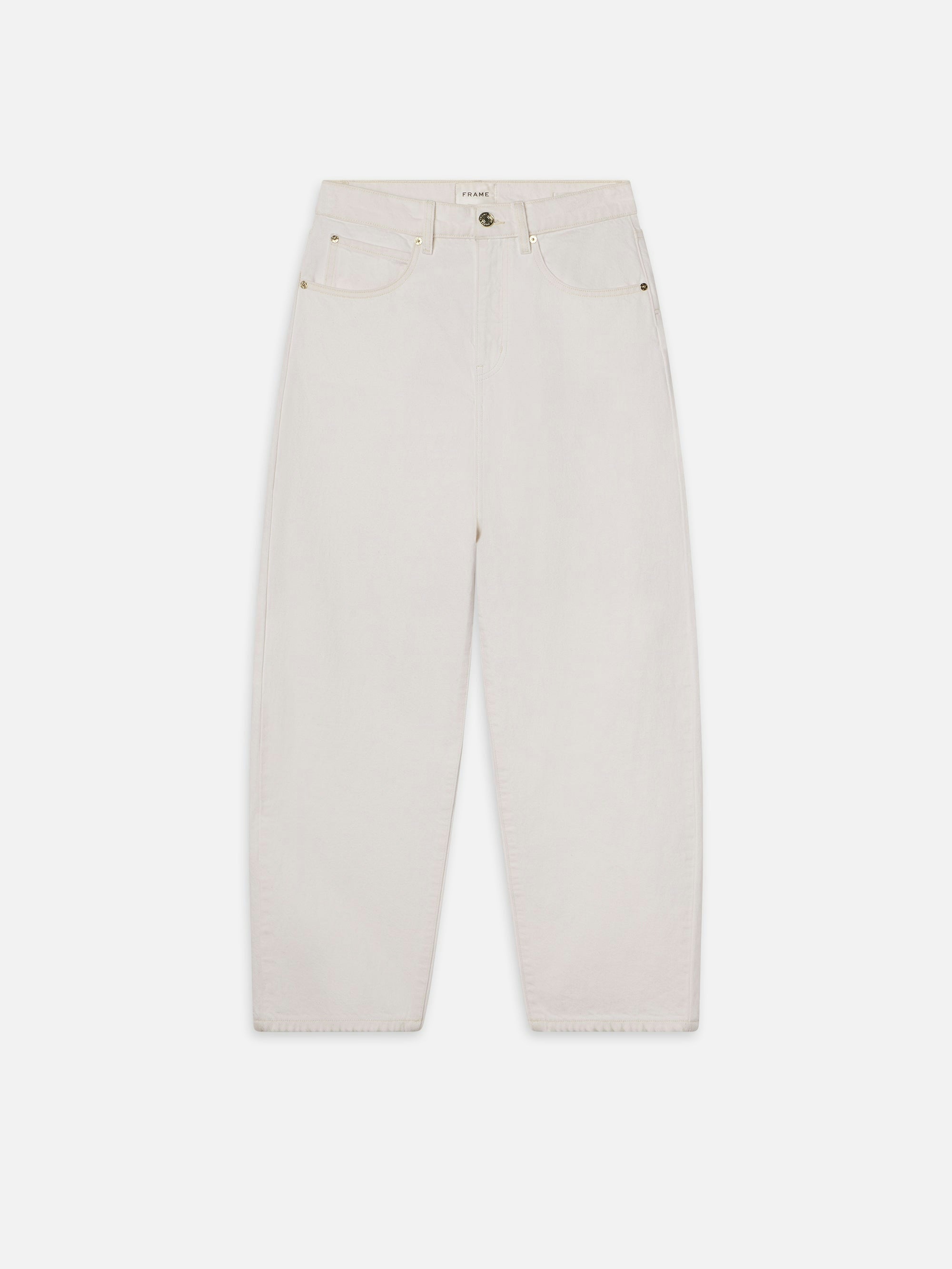 The Low Barrel Leg - Au Natural Clean by Frame are white, high-waisted jeans made from 100% cotton. They feature a button and zip closure, front pockets, and belt loops, displayed against a plain background.