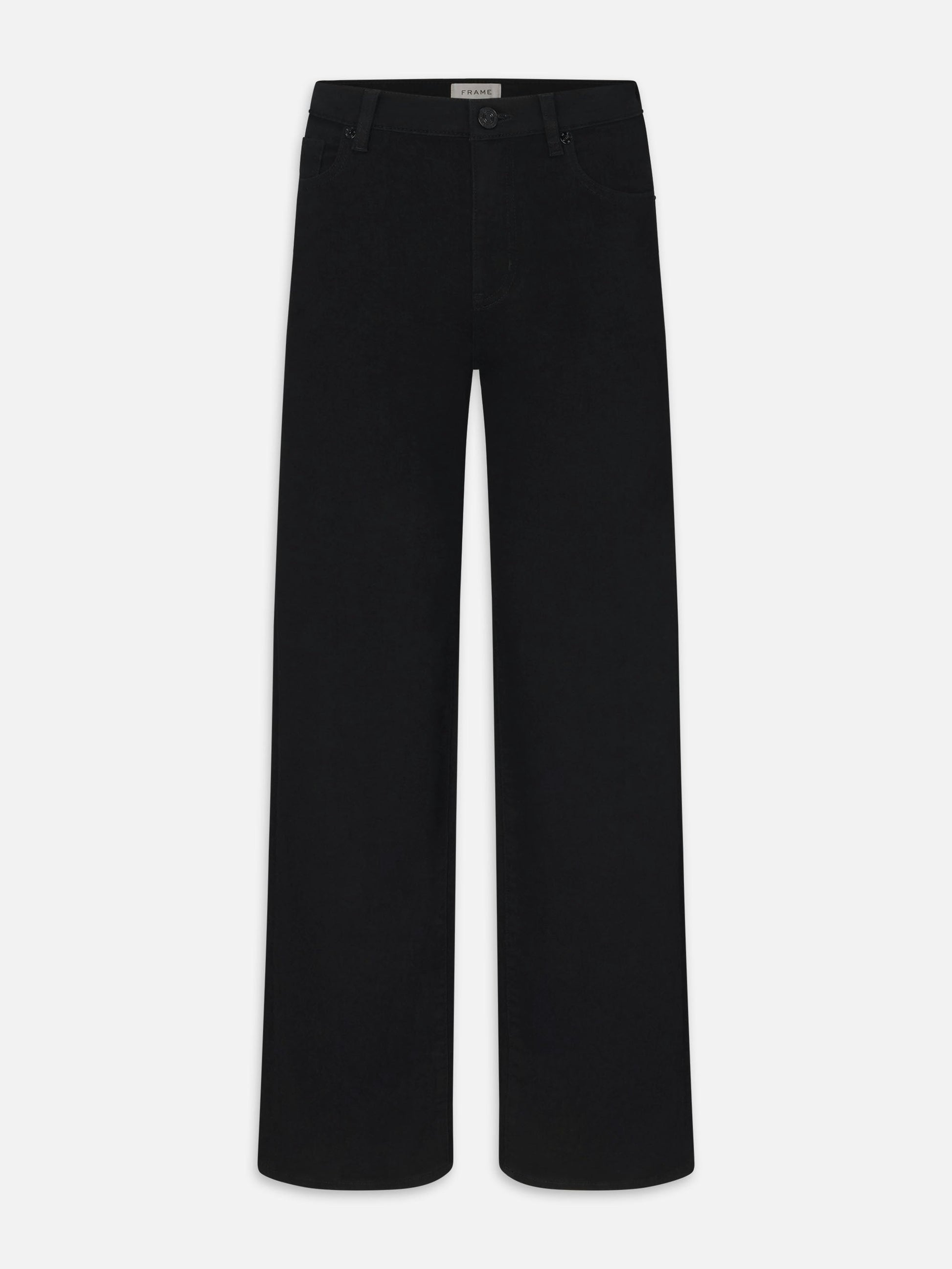 Frame Le Slim Palazzo Jeans in black by Frame feature a high waist, wide-leg silhouette, five-pocket design, and button-zip closure in classic palazzo style, shown against a white background.