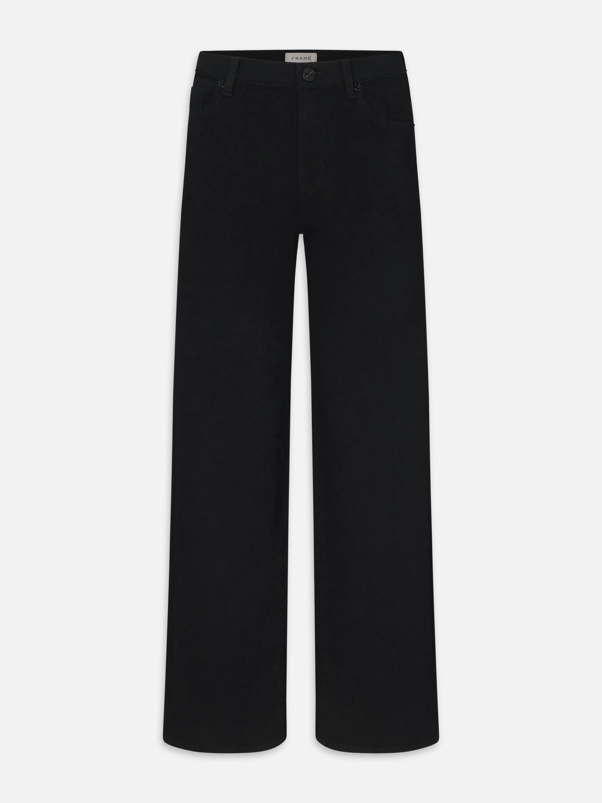 Frame Le Slim Palazzo Jeans in black by Frame feature a high waist, wide-leg silhouette, five-pocket design, and button-zip closure in classic palazzo style, shown against a white background.