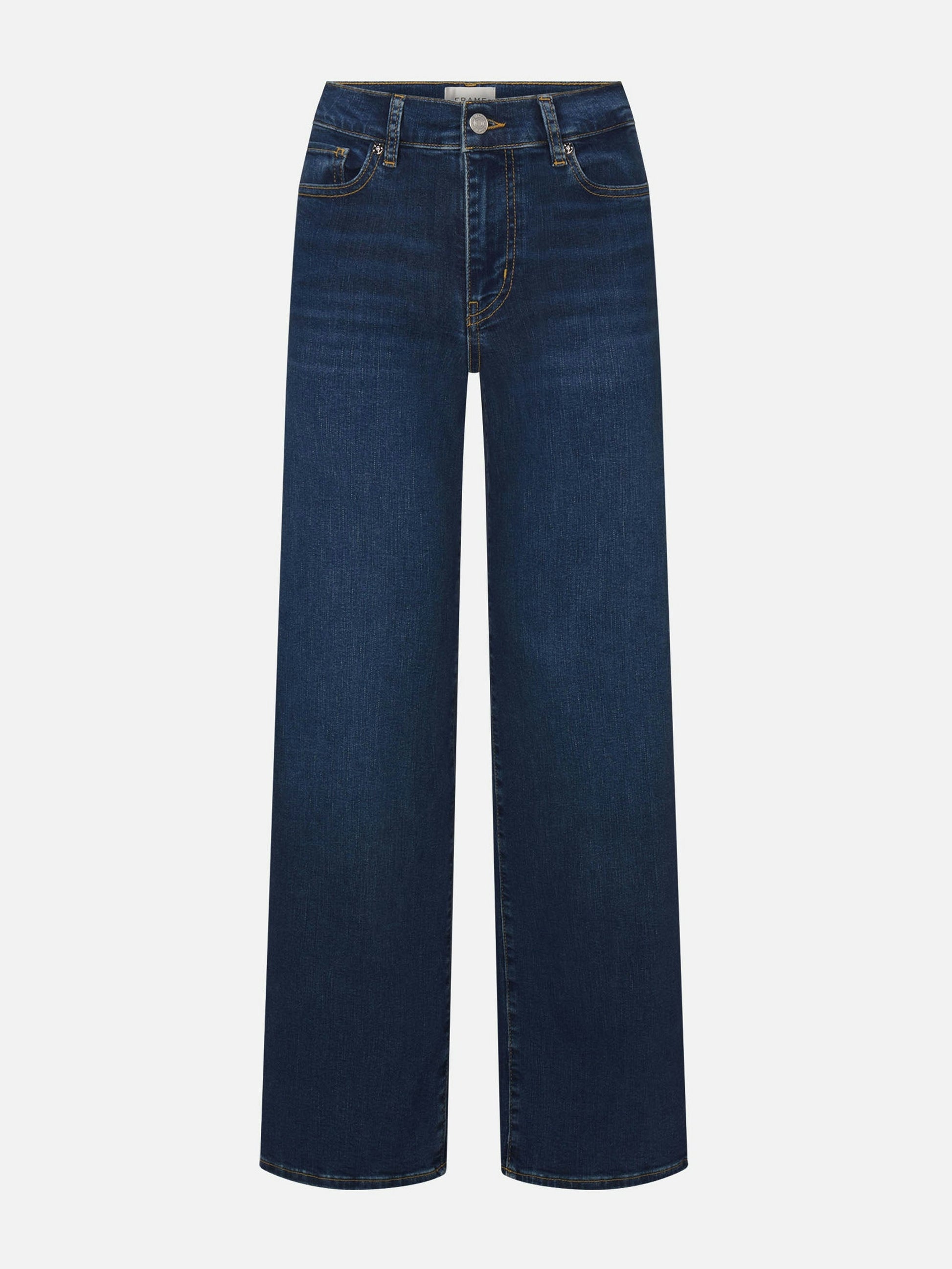The Frame Le Slim Palazzo Jeans - Femma by Frame are high-waisted, wide-leg denim jeans in dark blue with front and back pockets, button closure, and visible stitching.