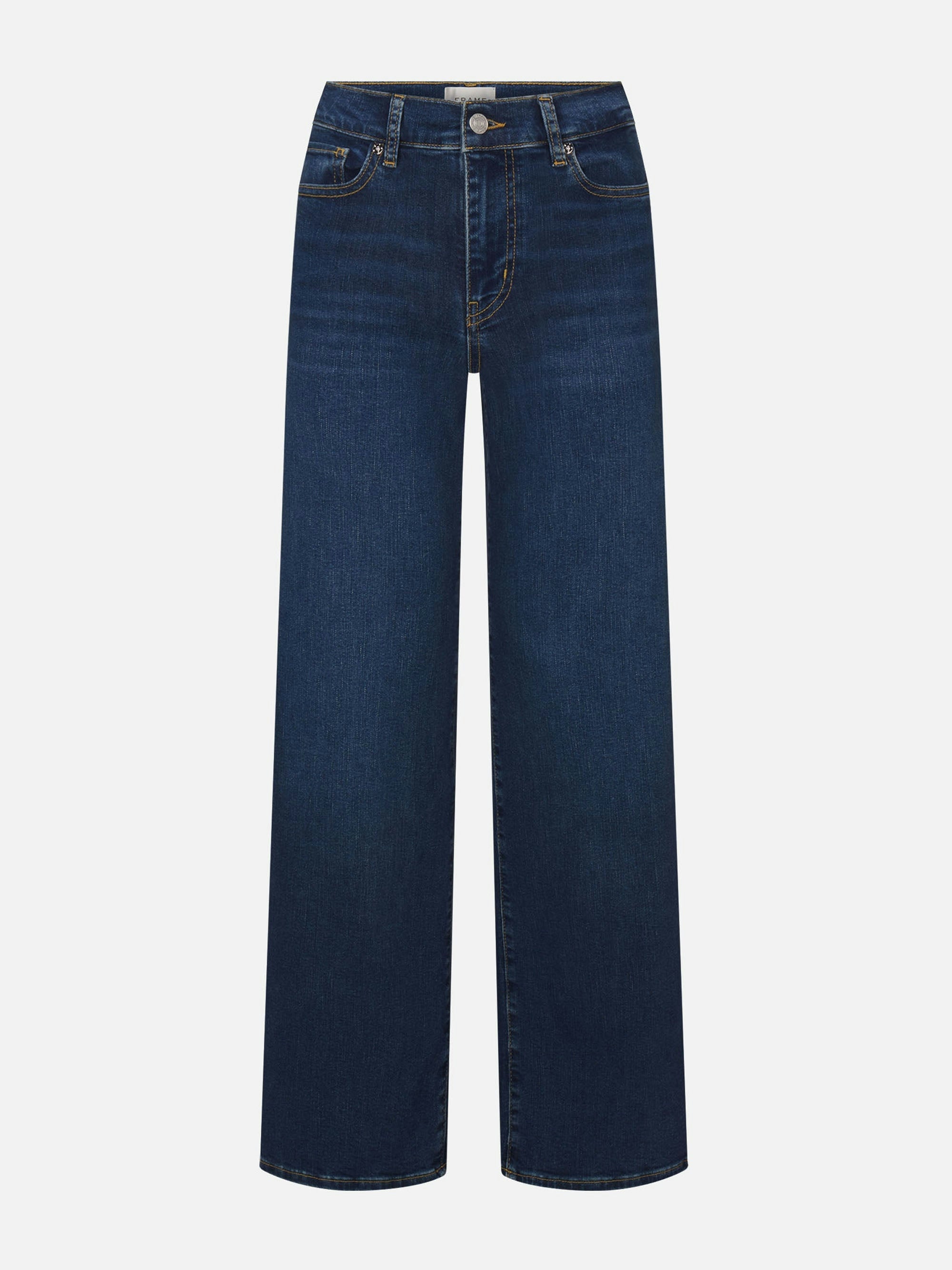 The Frame Le Slim Palazzo Jeans - Femma by Frame are high-waisted, wide-leg denim jeans in dark blue with front and back pockets, button closure, and visible stitching.